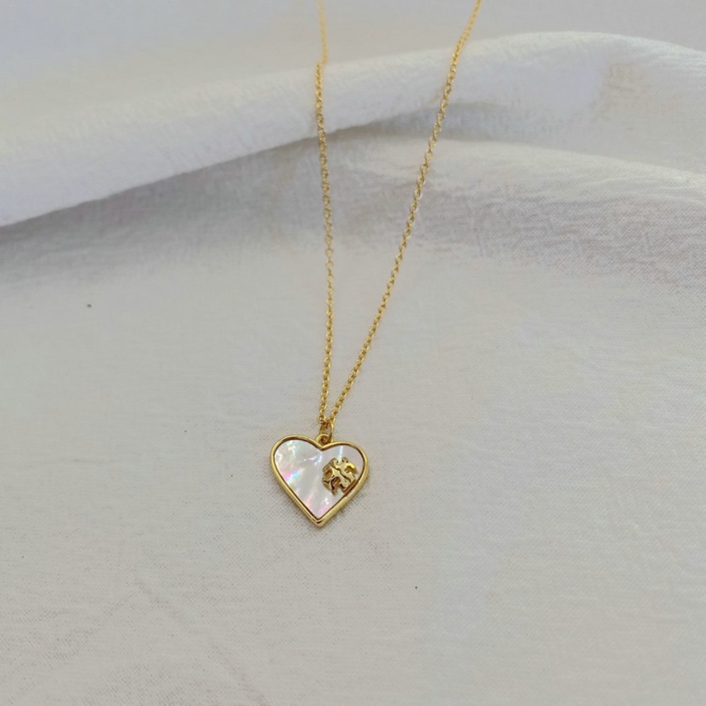 Tory Burch Gold and White Heart Pendant Necklace
